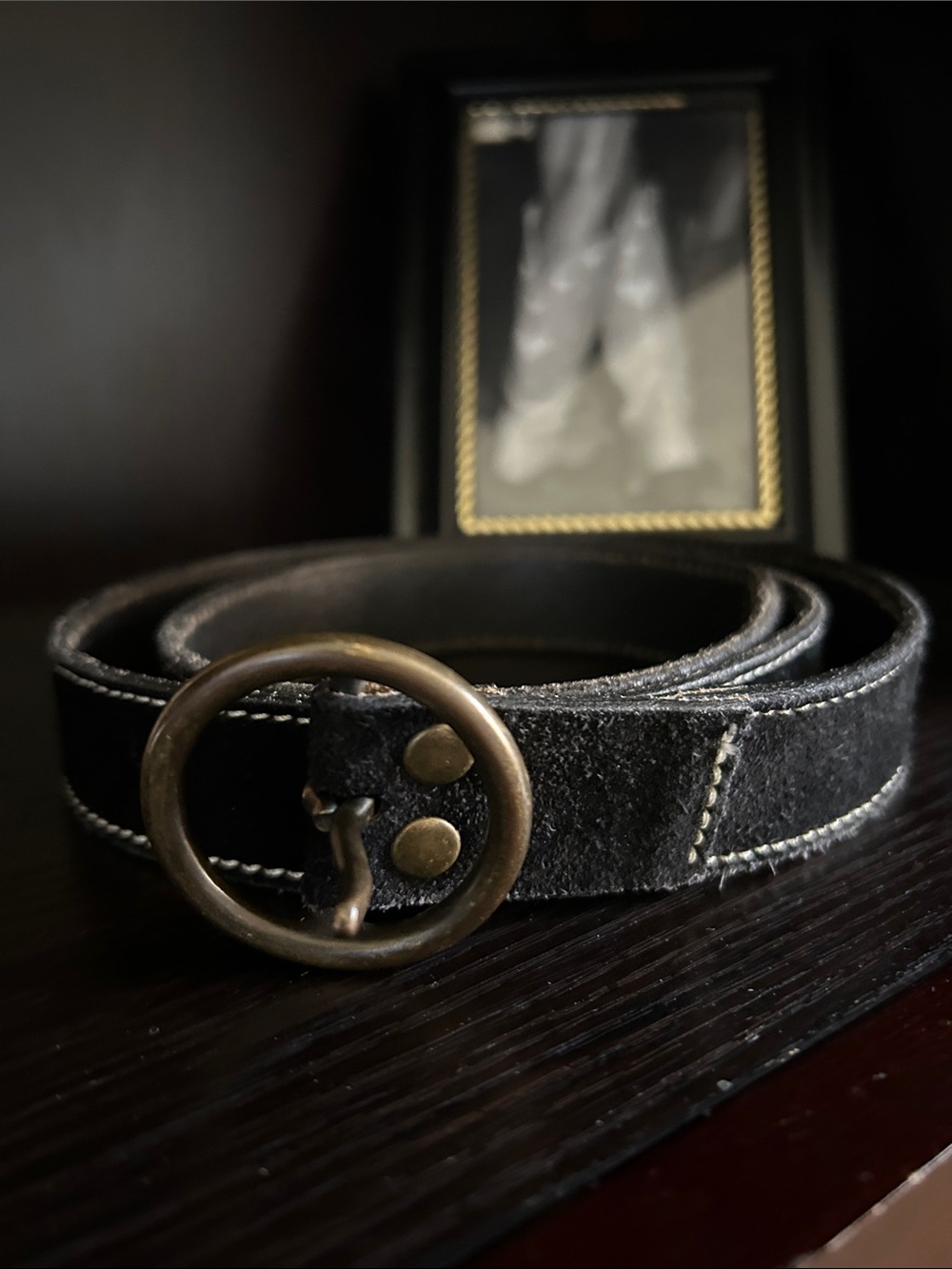 GAP Black Suede Belt with Antiqued Brass Round Buckle